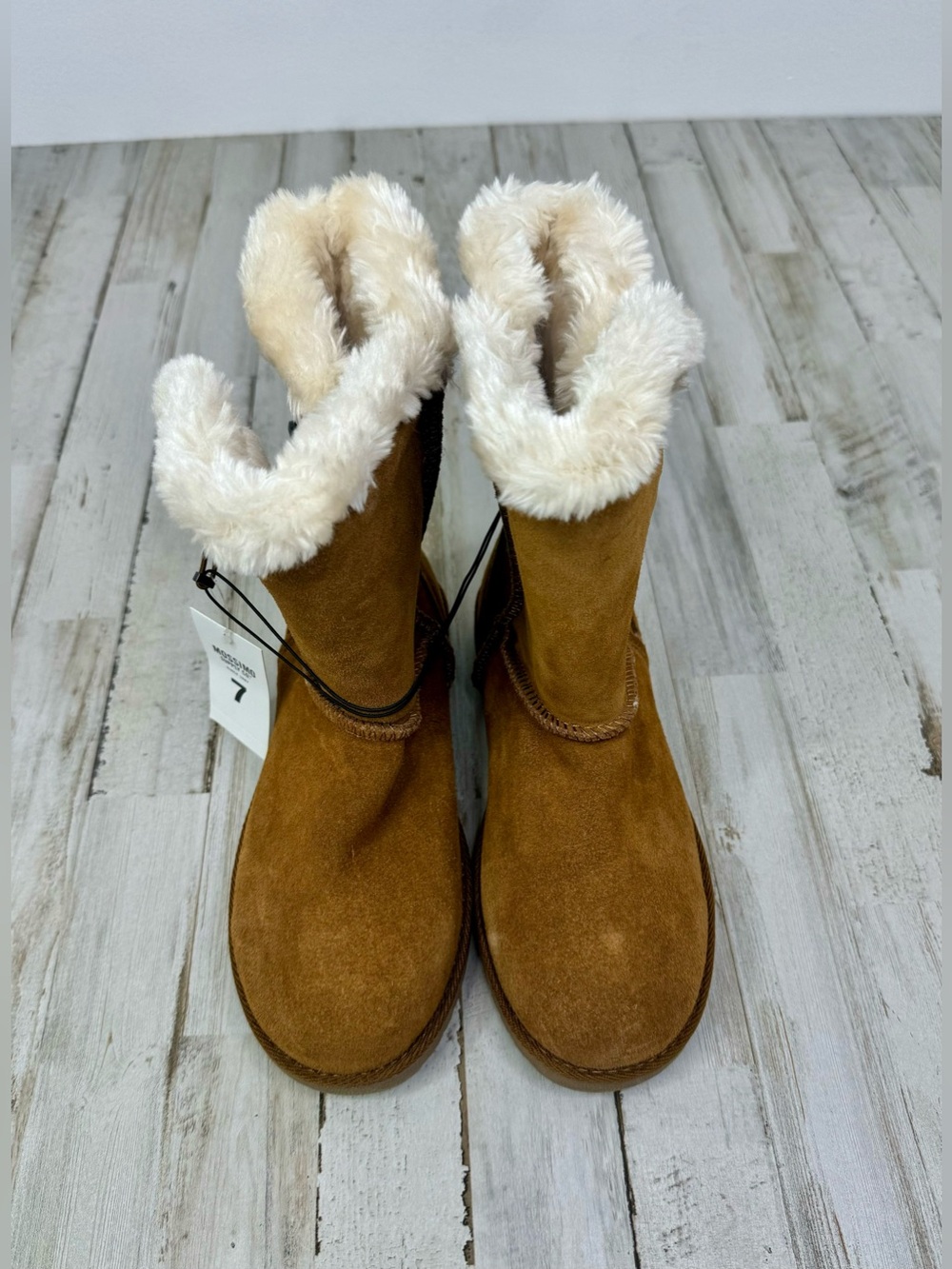 Mossimo Supply Co Brown Chestnut Suede Mid Calf Boots Cream Fur Women's 7 - Picture 2 of 6
